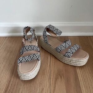 Boho Black and White Espadrille Platform Shoes with Zigzag Straps